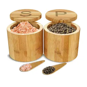 竹盐盒，带磁性旋转雕刻盖圆形香料容器，用于调味品草药的安全耐用存储组织
