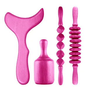 Custom Colorful Roller Maderoterapia Wooden Massage Cup Gua Sha Terapia De Madera Colombian Wood Therapy Tools Set Pink