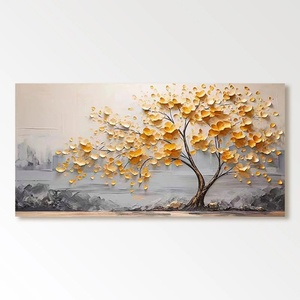 Cuadro de arte moderno con marco de lienzo, pintura al óleo sobre yeso acrílico con árbol dorado texturizado grande para pared sobre la cama, para el hogar y la galería - Product Image 1