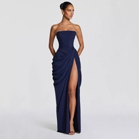 Robe de soirée style français sans bretelles, coupe ajustée, avec rubans, taille cintrée, dos nu, lacets et fente – Parfaite pour les vacances, longueur maxi
