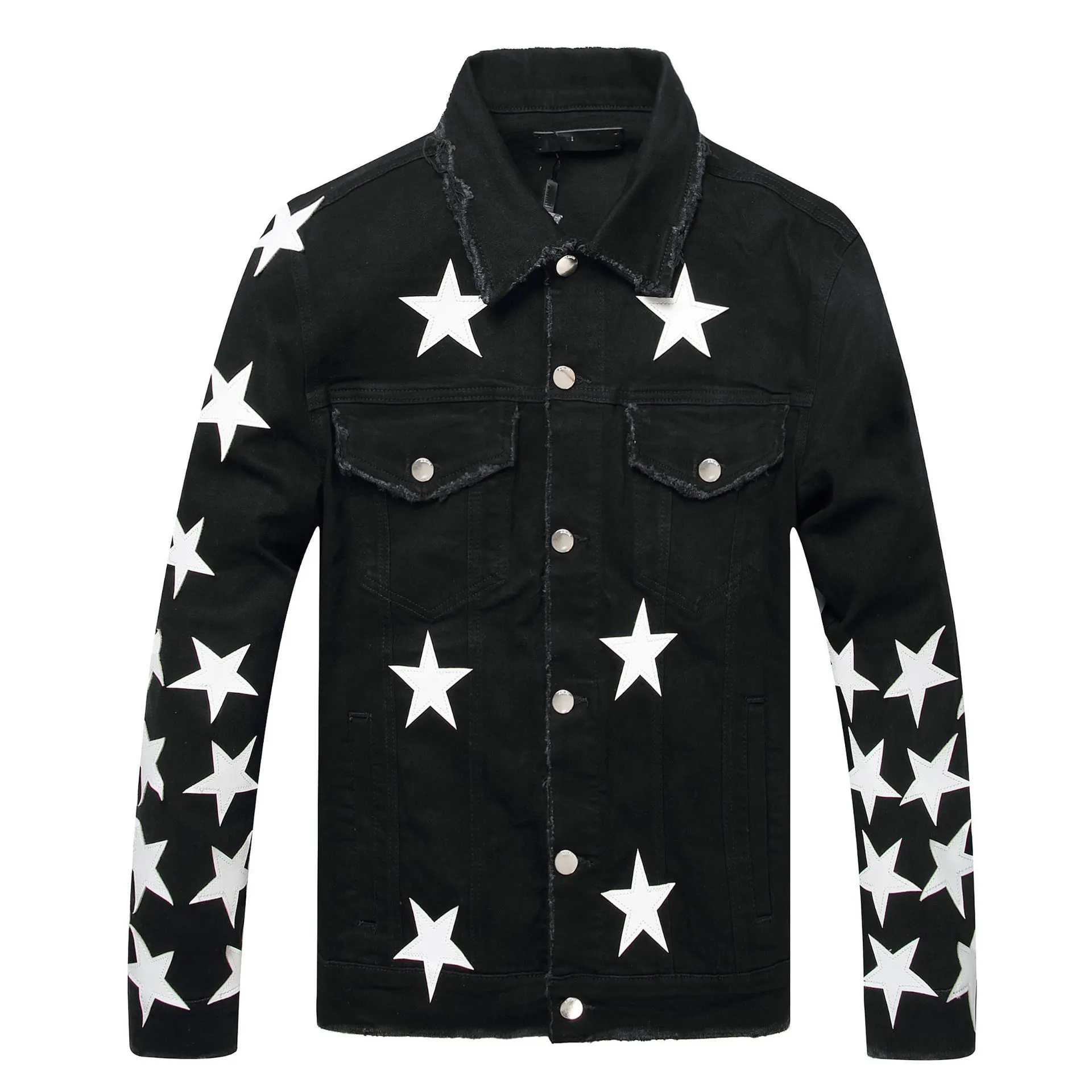 New arrival fashion streetwear ripped button front branded jeans jacket mens designer luxury quality denim jacket with stars