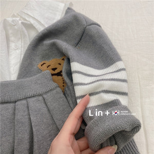 Lin+ Girls' Sweater Cardigan Skirt Set Gray Bear Knit Two Piece School Style Children's Outfit Cotton Woolen Fabric - Product Image 4