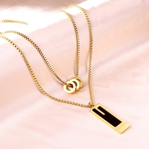 Ason Nouvelle Mode Bijoux En Acier Inoxydable Collier Trois Rond Creux Pendentifs Rectangulaire Noir Goutte D'huile Double Chaîne Collier - Product Image 5