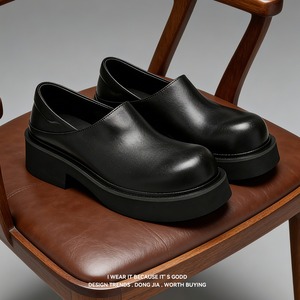 รองเท้าหนังวัวแท้ชั้นแรกทรงกลมเรียบง่ายสำหรับผู้ชาย พื้นหนาเพิ่มความสูง สองคู่ รองเท้าลำลองหนังสีดำแบบสวม - Product Image 3
