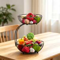 Panier de rangement rond à 2 niveaux grande capacité pour fruits et légumes, idéal pour le salon, la cuisine et les collations