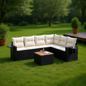 Ensemble de canapés de jardin noir et crème en rotin avec coussins, design contemporain, imperméable, pour usage extérieur - Product Image 2