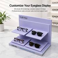 Présentoir à lunettes pliable en acrylique à deux niveaux, couleur lavande, avec 4 plateformes, grand panneau arrière et base stable, pour comptoir optique