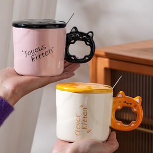 Ensemble de tasses en céramique pour chatons avec couvercle et cuillère, design de dessin animé, vaisselle mignonne pour la maison, 400 ml, passe au micro-ondes, cadeau - Product Image 2