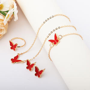 Collection populaire européenne et américaine de mode féminine, ensemble de 4 pièces, collier, boucles d'oreilles, bague en alliage plaqué or avec papillon en verre trempé - Product Image 1