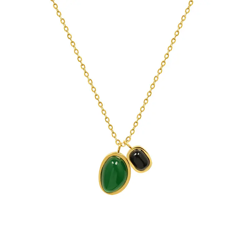 Penjualan langsung kalung liontin batu akik hitam dan hijau tidak beraturan set anting-anting kalung berlapis emas 18k baja antikarat