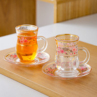 Ensemble de tasses à café en verre à bord doré de luxe léger, style rétro européen, service à thé de l'après-midi, 6 tasses et assiettes, cadeau haut de gamme