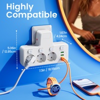 Enchufe de Extensión ODM EU 7 en 1 con 3 Tomas Schuko, 2 USB-A, 2 USB-C, Interruptor Independiente y Protección Contra Sobrecarga para Uso en Hogar y Oficina