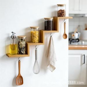 Solid Wood Wall <b>Shelf</b> 4 Layers Hanging Storage <b>Rack</b> For Kitchen Mug Spice Organizer Natural Color Rectangle Shape - Product Image 5