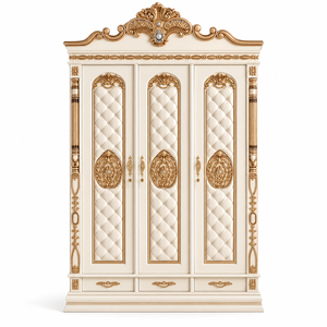Armoire en bois à 3 portes de style européen orné avec des accents dorés décoratifs et des panneaux rembourrés pour des intérieurs de chambre à coucher haut de gamme - Product Image 3