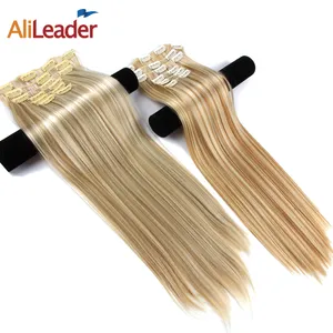 AliLeader ekstensi rambut sintetis panjang lurus campuran warna 22 inci 6 buah/set rambut palsu tebal untuk wanita