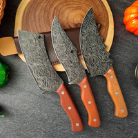 Set Pisau Dapur Gagang Kayu Pola Damaskus Tempa Tangan untuk Memotong, Membuang Tulang, dan Membelah Daging