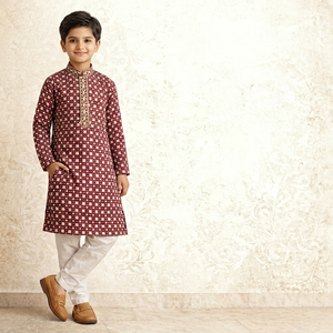 Kurta en rayonne à sequins pour garçon, imprimé floral marron et blanc, tenue ethnique traditionnelle, longueur cheville, coupe régulière, vêtements pour enfants de 0 à 14 ans - Product Image 1