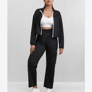 Ensemble survêtement femme décontracté à col montant, manches longues, coupe oversize, avec sweat à capuche zippé et pantalon de jogging, couleur unie, longueur cheville - Product Image 1