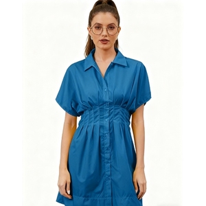 เดรสเชิ้ตผู้หญิงแขนสั้นลายทางติดกระดุมจีบแฟชั่น - Product Image 5