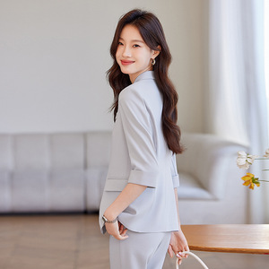 Women's Blue Professional Suit <b>Set</b> Three Quarter Sleeve <b>Blazer</b> Office Lady Spring Anti Wrinkle Polyester Fabric - Product Image 4