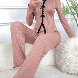 Kadın Günlük Ev Giysileri Basit Moda Elastik Bel Örme Uzun Kollu O-Boyun Düz Fiyonklu Pijama Yabancı - Product Image 3