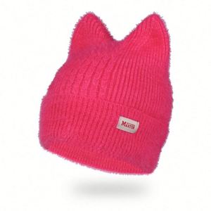 Bonnet tricoté pour femme avec oreilles de chat mignonnes pour l'automne/hiver, chaud, extensible, en acrylique, idéal pour les voyages et les activités de plein air - Product Image 1