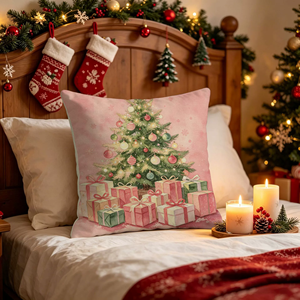 Housse de coussin décorative pour Noël, motifs Père Noël, sapin, renne, bonhomme de neige, couleur rose, pour les fêtes de Noël - Product Image 5