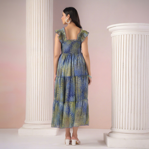 Robe midi en mousseline imprimée bleu-vert, col carré, volants, coupe trapèze, style bohème, ample, décontractée, pour femme, avec magnifique imprimé - Product Image 3