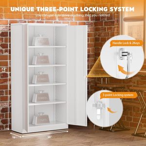 Armoire de rangement blanche en acier verrouillable, 2 portes, étagères réglables, serrure à clé, grand organisateur d'outils pour école, salon, sous-sol - Product Image 4