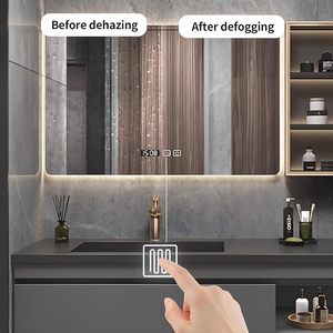 Meuble-lavabo mural gris foncé moderne à double tiroir avec vasque intégrée et armoire miroir LED intelligente anti-buée - Product Image 4