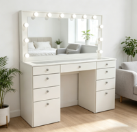 Coiffeuse moderne avec miroir LED et panneau en bois, plateau en verre, pour appartement, chambre, hôtel