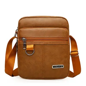 High Quality Light Brown PU One Shoulder Cross Body Three Zipper Commerce Leather Messenger Bag Men