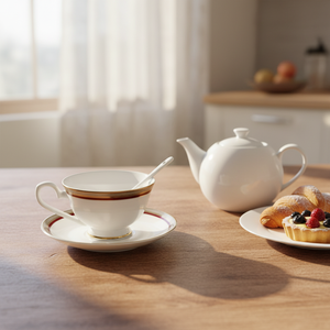 Elegante Juego de Taza y Platillo de Porcelana China con Borde Dorado Rojo, Cuchara Incluida, Ecológico, 200 ml, Estilo Europeo Moderno y Lujoso para Hotel - Product Image 3