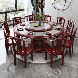 Ensemble table et chaises de salle à manger rondes de style chinois en bois massif avec plateau en pierre, grand mobilier de salle à manger pour les réunions de famille à la maison - Product Image 2