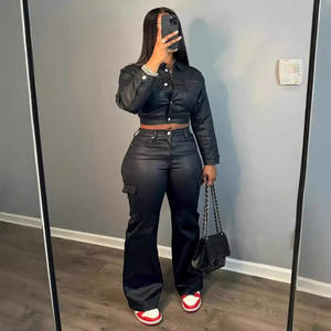 Peeqi LD2257 Completo Sexy da <span class=keywords><strong>Donna</strong></span> Autunno Inverno, Giacca in <span class=keywords><strong>Pelle</strong></span> PU e Pantaloni <span class=keywords><strong>Tuta</strong></span>, Taglie Forti, Set Due Pezzi, Nuovo Outfit Femminile - Product Image 1