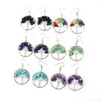 Pendientes de Árbol de los Deseos Hechos a Mano con Hilo Plateado y Cuentas de Cristal Natural Arcoíris, Lapislázuli y Turquesa