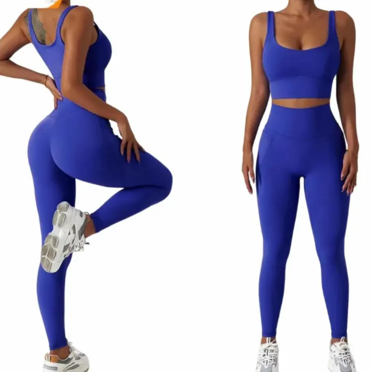 Women Customized Yoga Workout Clothing Fitness Sets Sport Bra, 2 Piece With Pockets Leggings Women Sloping Shoulders Sports Bra
