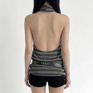 Blusa de Moda Coreana con Rayas Simples, Espalda Descubierta, Cuello Alto, Estilo Vintage Y2K, Holgada y Relajada para Mujer - Product Image 5