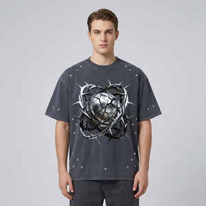 Sun Faded T-shirt Custom 300GSM Heavyweight Cotton Oversized Cropped Boxy Rhinestone Streetwear Tee Men T Shirt - Product Image 1