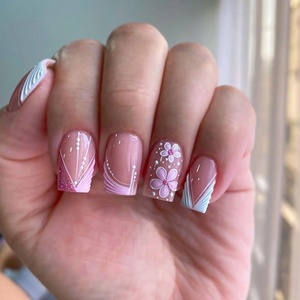 24 <span class=keywords><strong>faux</strong></span> <span class=keywords><strong>ongles</strong></span> roses 3D en forme de fleur, style français, carrés moyens, semi-artisanaux, à presser - Product Image 3