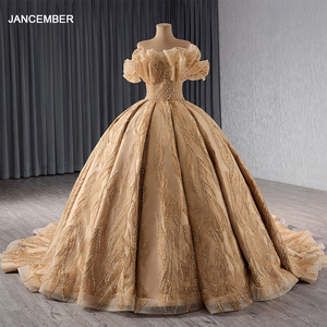 Robe de soirée longue moderne dorée en organza, robe de bal, robe de soirée à fleurs, appliques, perles, Rsm241066 - Product Image 1