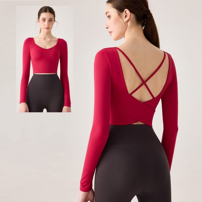 Ladies Long Sleeves V-Neck Sports Gym T-Shirt Cross Backless Workout Yoga Crop Top Shockproof Padded Pilates Dance Tops