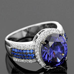 Anello da Donna F379 in Argento 925 con Diamante Taglio Ovale, Zaffiro Blu e Pietre Laterali, Anello di Fidanzamento - Product Image 2