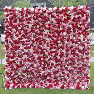 人造花墙红玫瑰婚礼活动背景3D粉色卷起花墙背景
