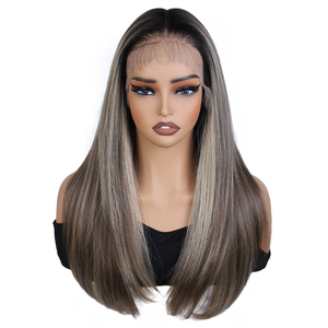 Perruque Synthétique Frontale en Dentelle 13x6, 24 Pouces, Châtain Chocolat, Raie Libre, Longue et Lisse, Ombrée Châtain Blond avec Mèches, Résistante à la Chaleur - Product Image 1