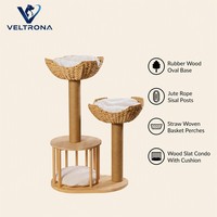 Rak Kucing Bertingkat Keranjang Rotan Ganda dengan Tiang Sisal, Kandang Kayu, Perabot Panjat Dalam Ruangan Grosir