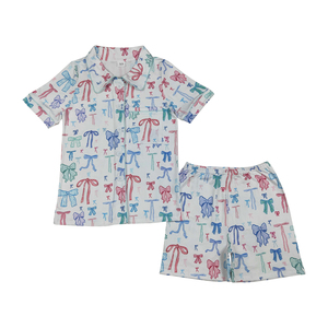 Conjunto de pijama de manga corta con lazo colorido para mujeres adultas RTS, venta al por mayor, ropa a Juego de 2 uds para adultos - Product Image 1