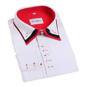 Kraagstroken 100% Katoen Rood Contrast Wit En Manchet Kantoor Nieuw Gestreept Lange Mouw Shirts Voor Heren