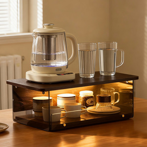 Coffee <b>Storage</b> Rack 2 Tier Wood With Glass Tray For Living Room Tableware Organization - Product Image 3