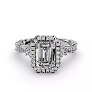 Anillo de Compromiso de Oro Blanco de 14K con Diamante Cultivado en Laboratorio de Corte Esmeralda, Doble Halo, Detalles Milgrain y Banda de Filigrana Ornamentada - Product Image 1